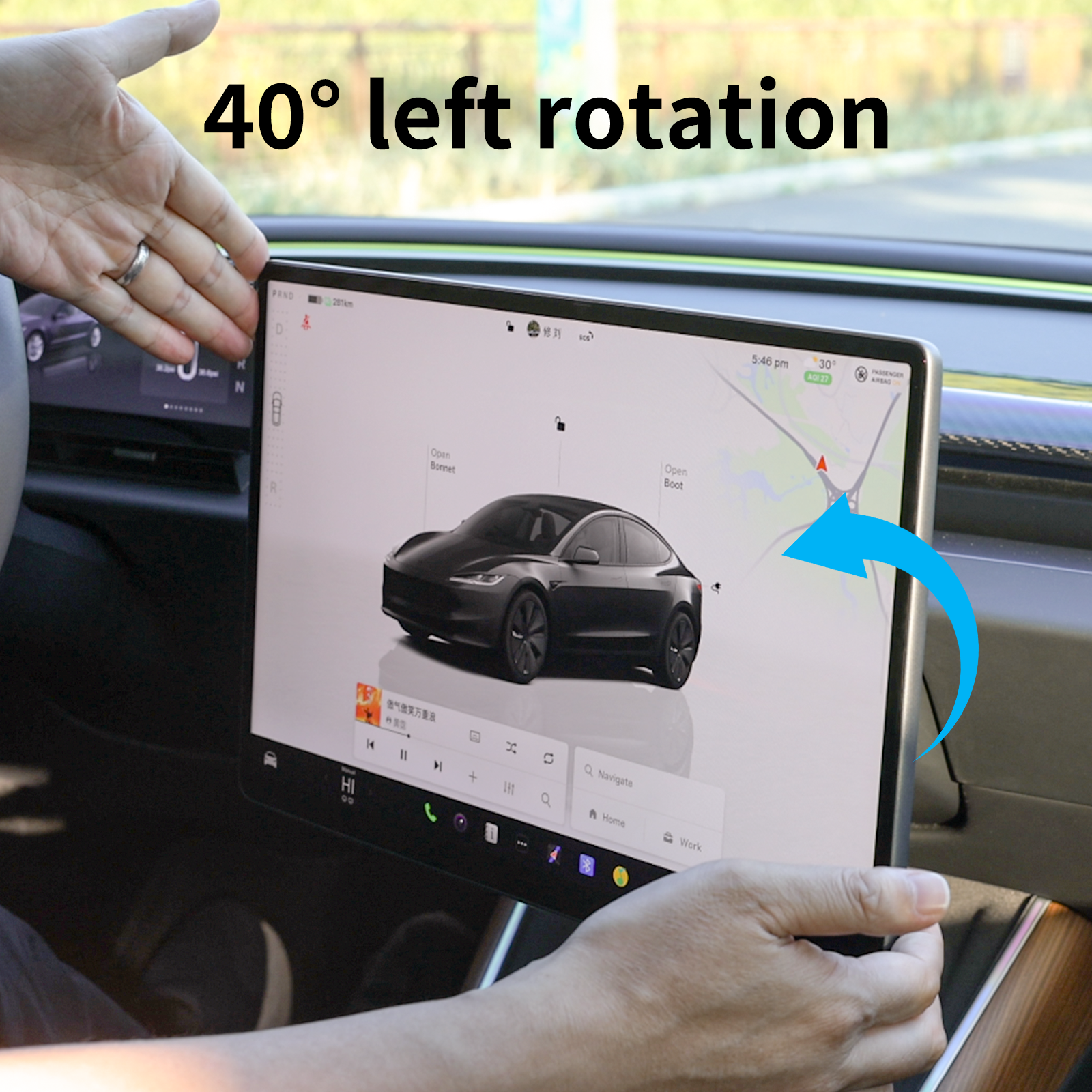 Tesla skjermholder 2.0 for Model 3/Y – 4-veis roterbar (40°), aluminium CNC, skjermhøyden forblir uendret, ingen slingring, antiblend