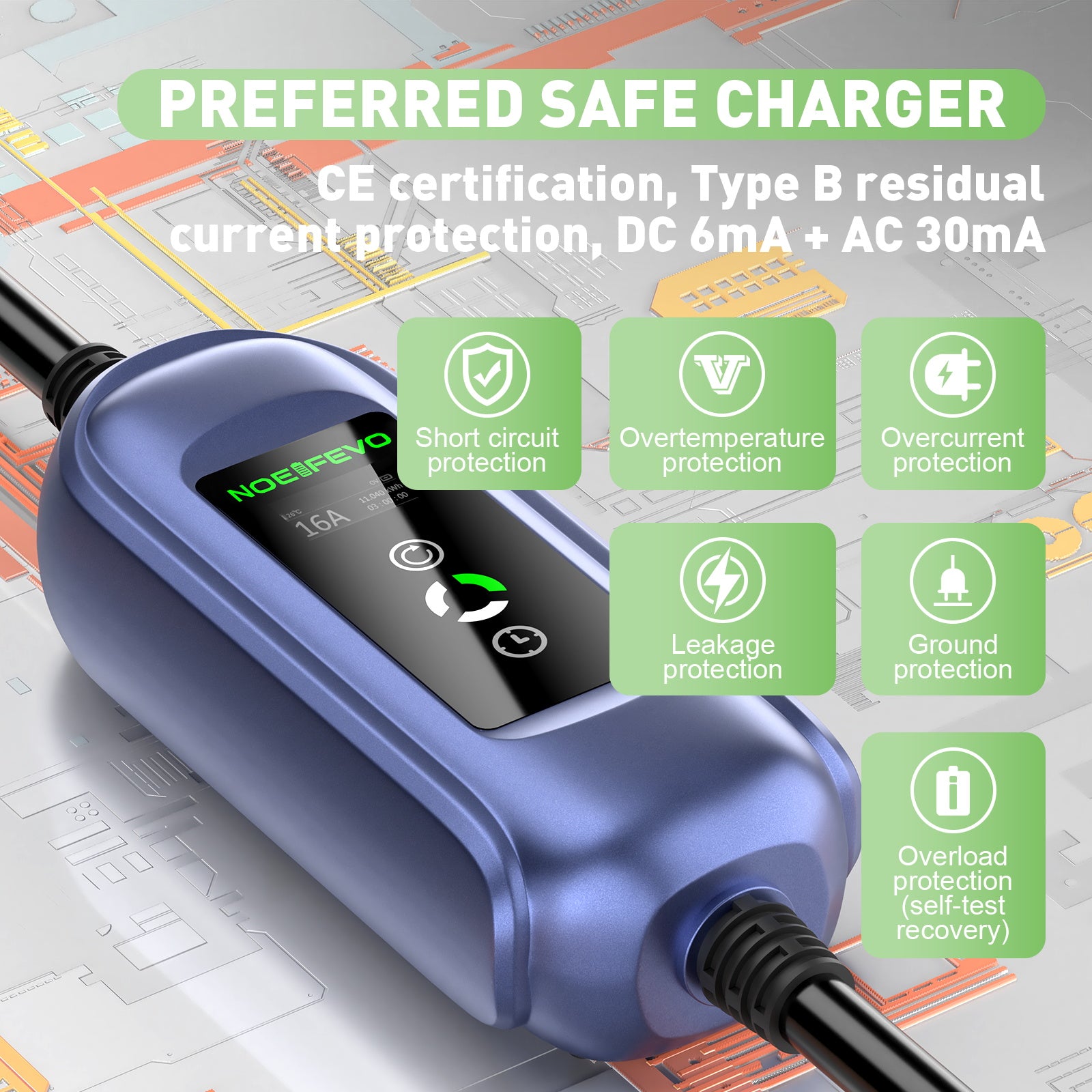 Noeifevo 11KW Mobil EV Wallbox, bilbatterioplader til alle type 2 køretøjer, 5M/10M/15M, CEE16A