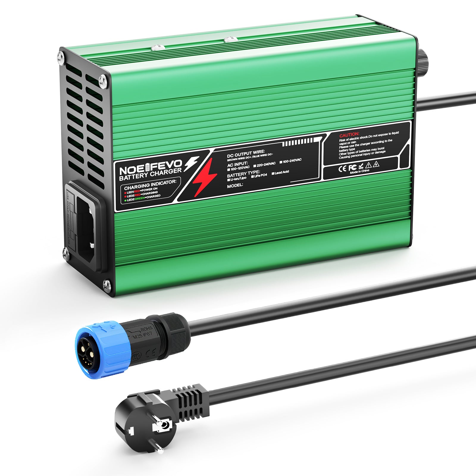 NOEIFEVO מטען ליתיום 21V 5A עבור סוללות 5S 18.5V Li-Ion Lipo, מאוורר קירור, כיבוי אוטומטי (ירוק).