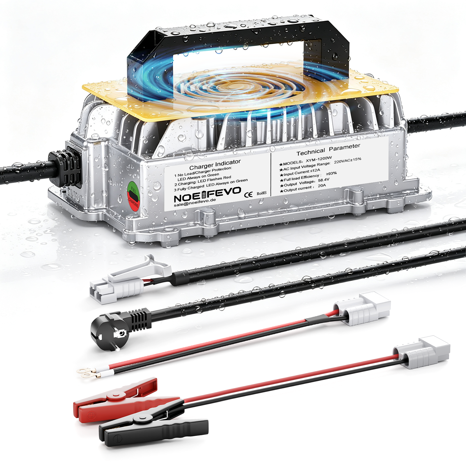 NOEIFEVO 58.4V 20A Lithium Lifepo4 batterijlader voor 48V (51.2V)16S batterij, waterdicht, 0 V BMS-activering, automatische uitschakeling met volledige bescherming