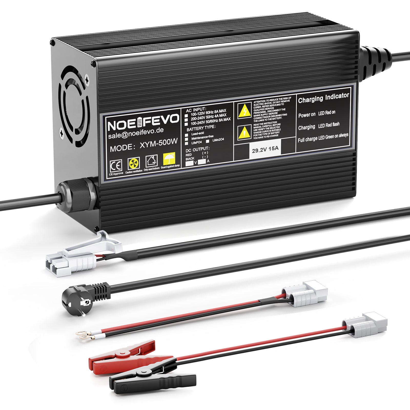 Noeifevo 29.2V 20A LiFePO4 batterijlader voor 24V 25.6V lithium-ionbatterij, 0V BMS-activering, automatische uitschakeling met volledige bescherming