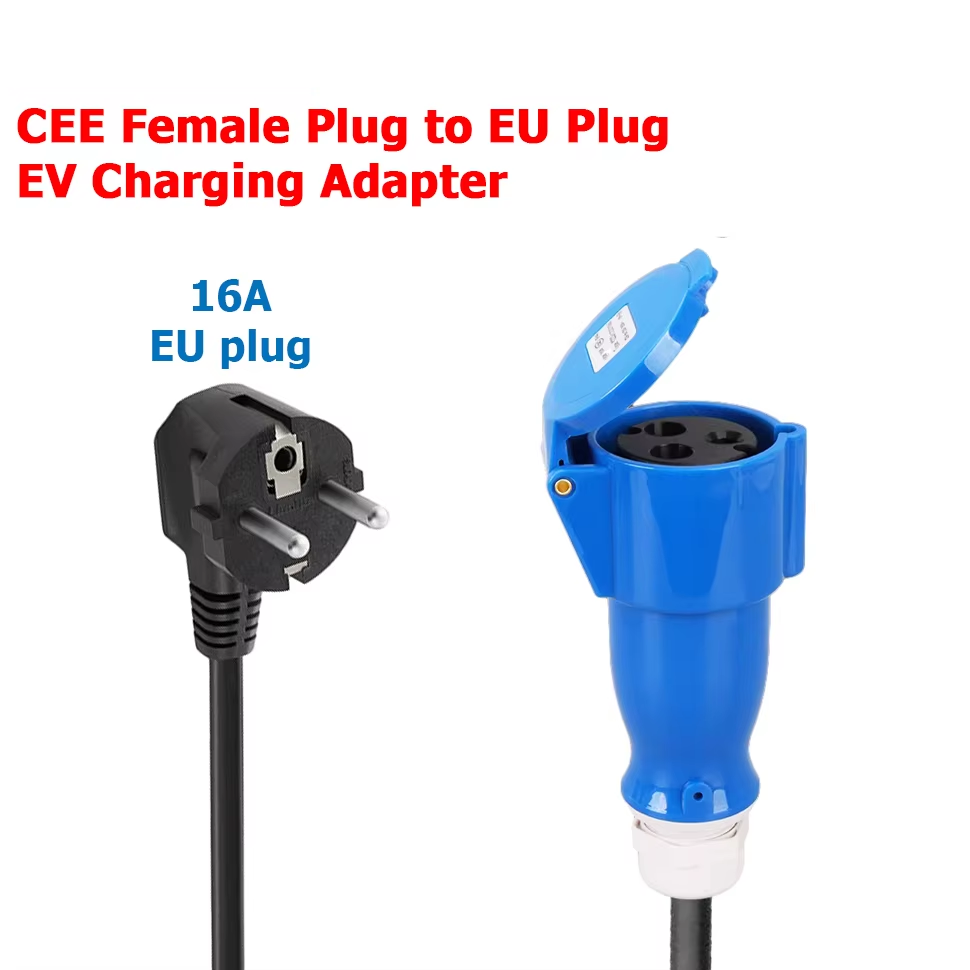 אדפטור טעינה EV, שקע תעשייתי CEE 32A כחול לשקע ביתי Schuko, עבור מטעני EV של 7kW 32A.