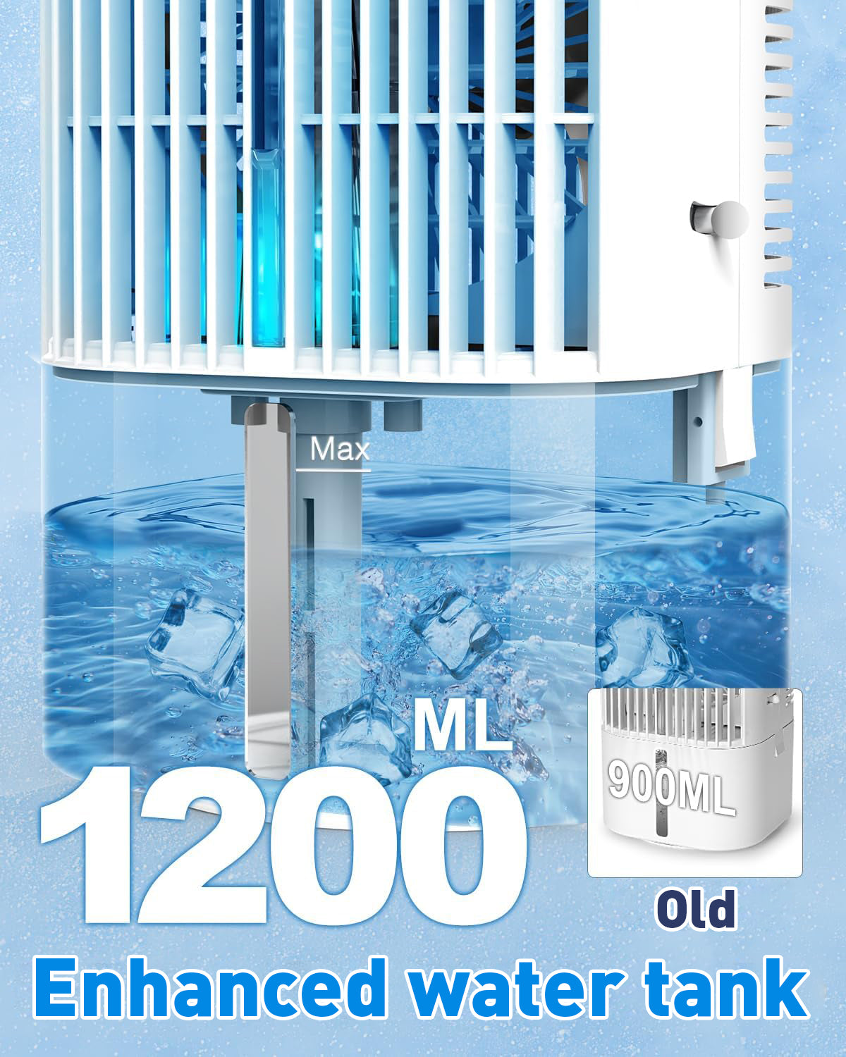 Aire acondicionado móvil 4 en 1, mini-enfriador de aire eficiente en energía con gran tanque de agua (1200 ml), enfriamiento por evaporación de 3 niveles, LED de 7 colores, temporizador y bajo nivel de ruido para oficina en casa y dormitorio