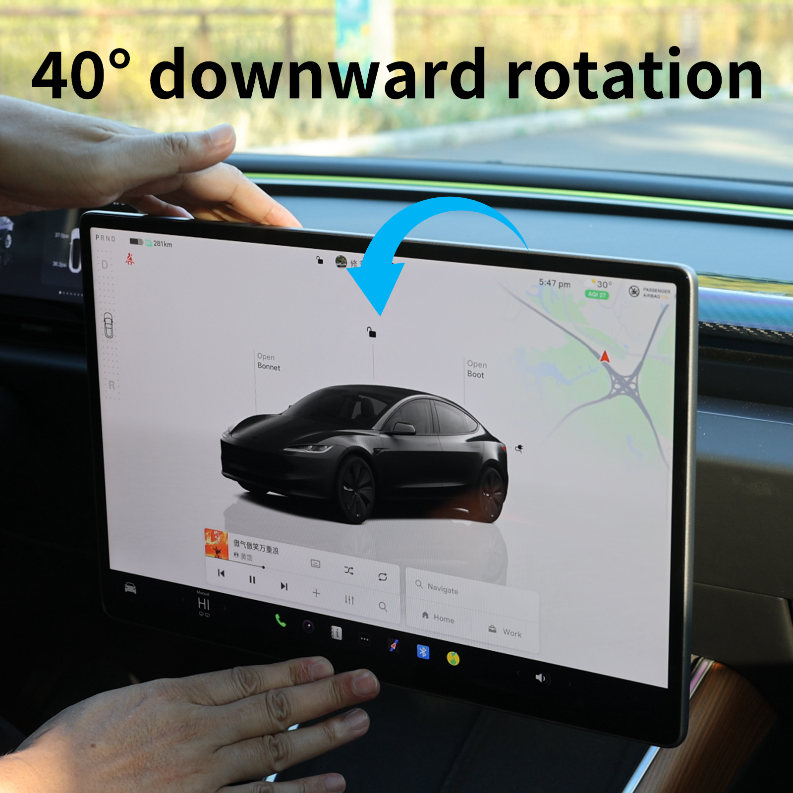 Tesla skjermholder 2.0 for Model 3/Y – 4-veis roterbar (40°), aluminium CNC, skjermhøyden forblir uendret, ingen slingring, antiblend