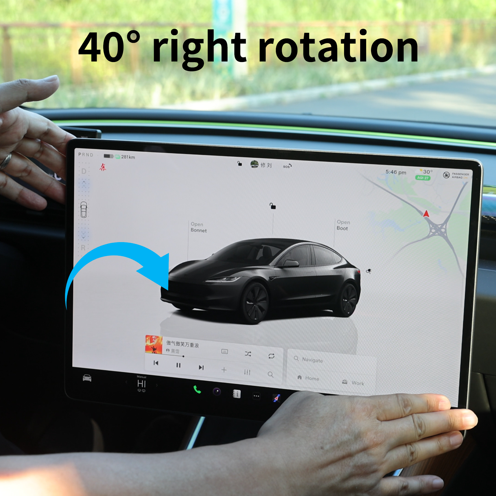 Tesla skjermholder 2.0 for Model 3/Y – 4-veis roterbar (40°), aluminium CNC, skjermhøyden forblir uendret, ingen slingring, antiblend