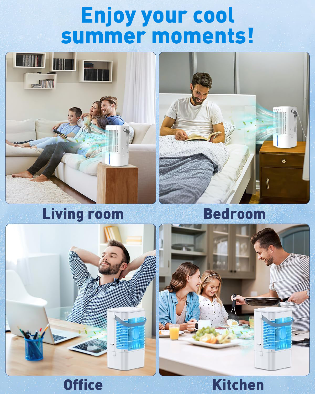 Aire acondicionado móvil 4 en 1, mini-enfriador de aire eficiente en energía con gran tanque de agua (1200 ml), enfriamiento por evaporación de 3 niveles, LED de 7 colores, temporizador y bajo nivel de ruido para oficina en casa y dormitorio