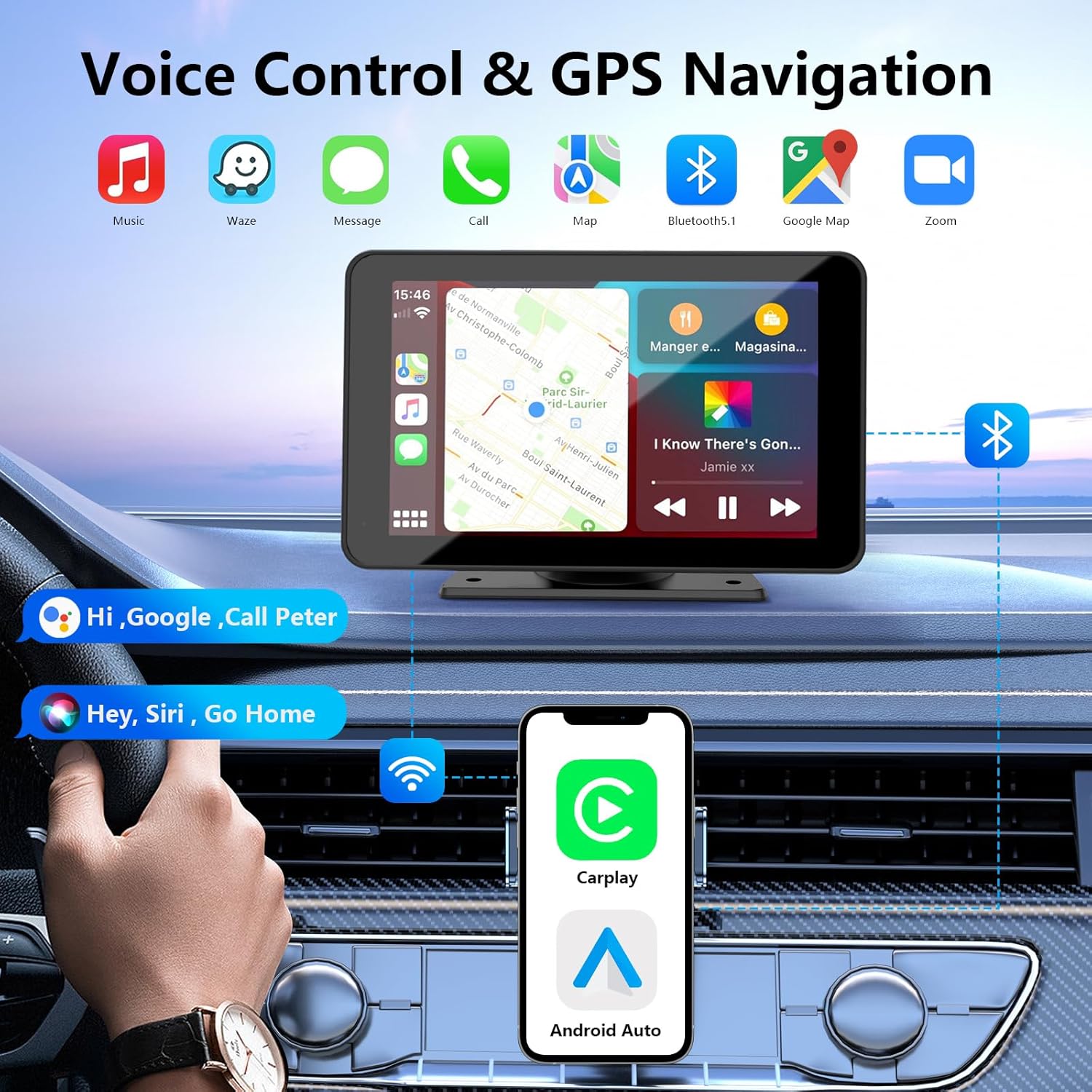 CarPlay inalámbrico para vehículos, pantalla táctil portátil de 7" HD con Apple CarPlay, Android Auto, cámara de reversa, receptor de audio para auto con control por voz, Mirror Link, Bluetooth, navegación GPS