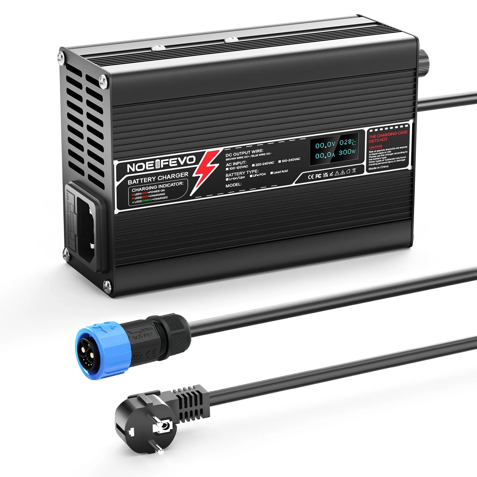 NOEIFEVO 51.2V 5A lithiová LiFePO4 nabíječka baterií, nabíjecí napětí 58.4V, s ventilátorem, hliníkové pouzdro, LCD obrazovka