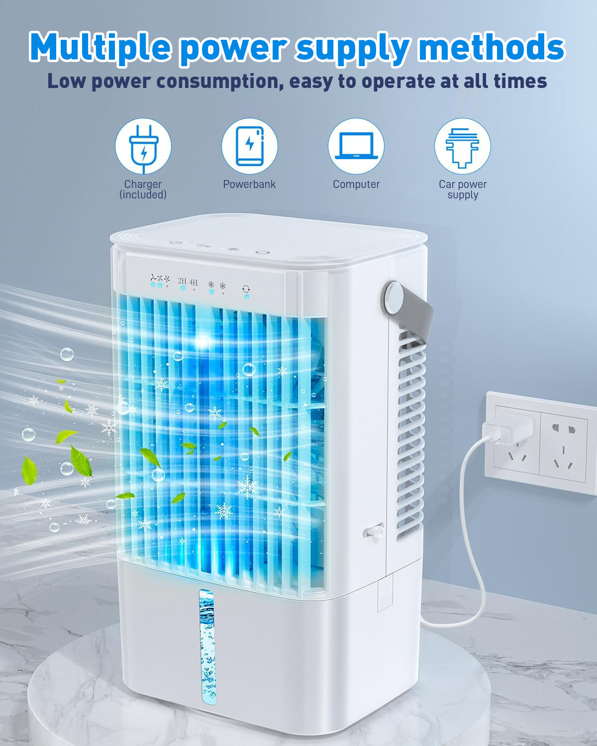 Aire acondicionado móvil 4 en 1, mini-enfriador de aire eficiente en energía con gran tanque de agua (1200 ml), enfriamiento por evaporación de 3 niveles, LED de 7 colores, temporizador y bajo nivel de ruido para oficina en casa y dormitorio