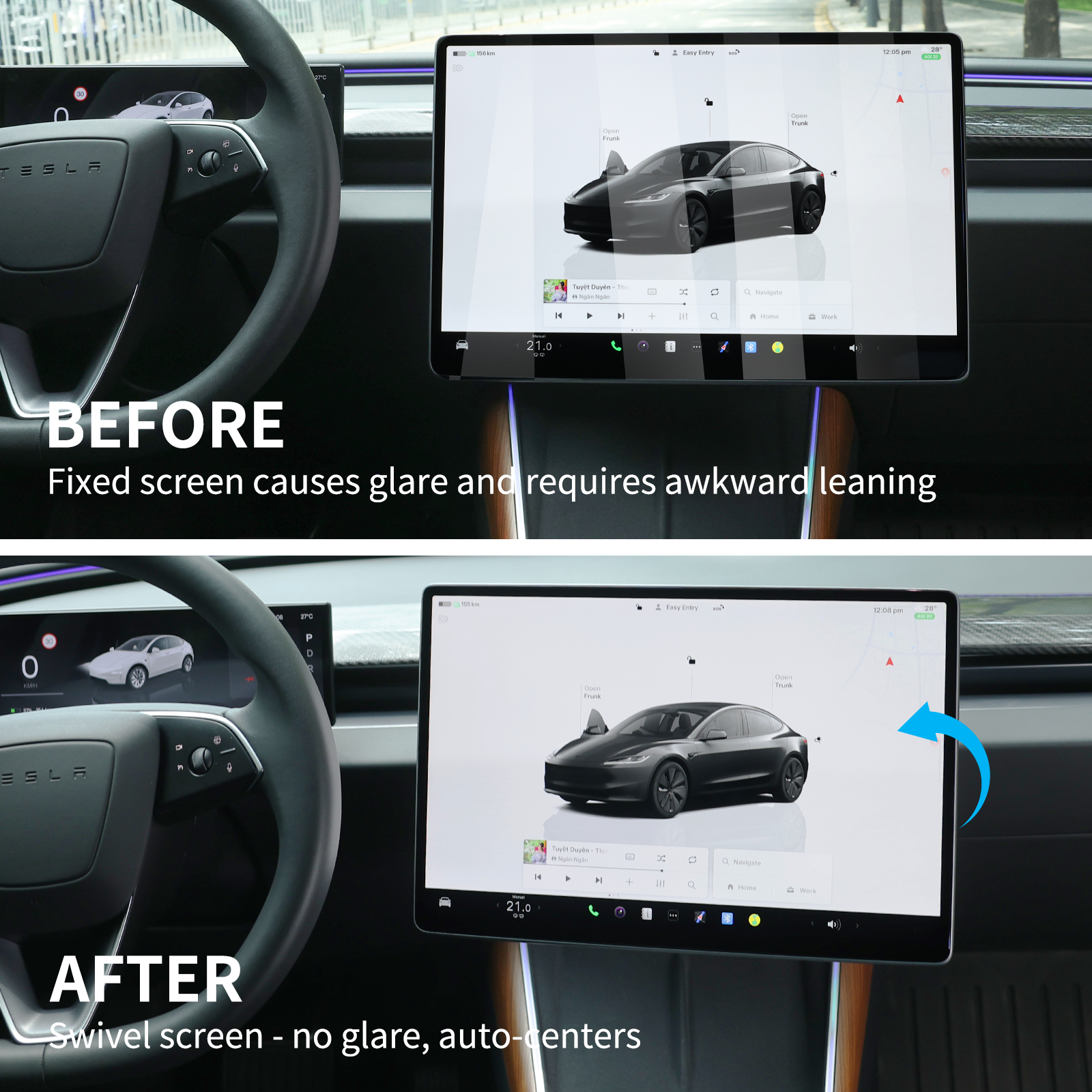 Tesla skjermholder 2.0 for Model 3/Y – 4-veis roterbar (40°), aluminium CNC, skjermhøyden forblir uendret, ingen slingring, antiblend