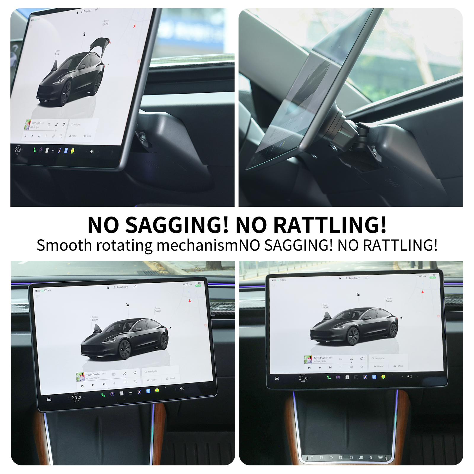 Tesla skjermholder 2.0 for Model 3/Y – 4-veis roterbar (40°), aluminium CNC, skjermhøyden forblir uendret, ingen slingring, antiblend
