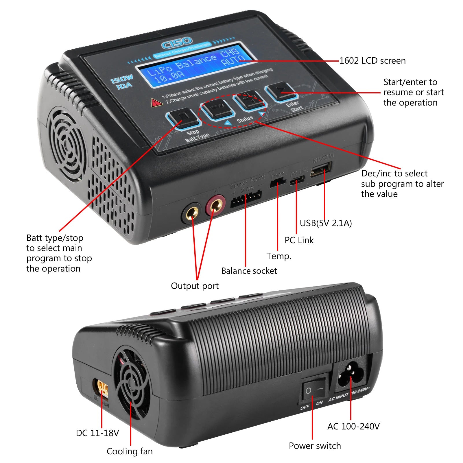 NOEIFEVO C150 AC/DC 150W 10A RC Balance Nabíjačka a Vybíjačka pre LiPo, LiHV, LiFe, LiIon, NiCd, NiMh, Pb Batérie