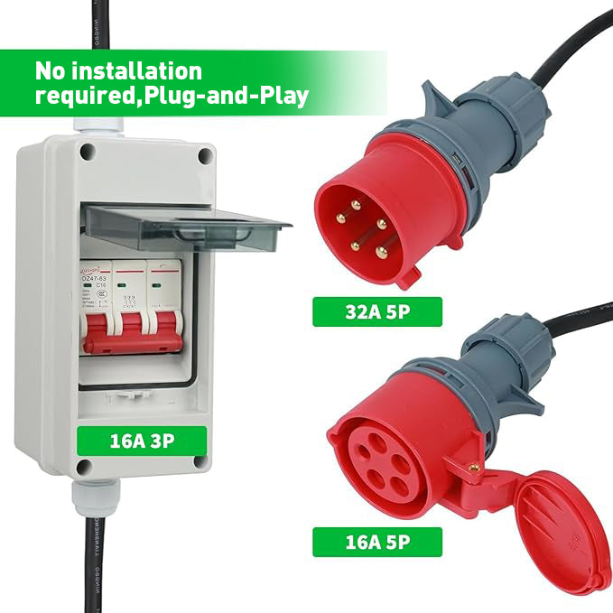 NOEIFEVO CEE-adapter 32A-stekker naar 16A-koppeling met stroomonderbreker, 3-fase 400V 5-pins, 32A naar 16A-stroomadapter met bescherming voor EV-laders, industriële stroomadapter