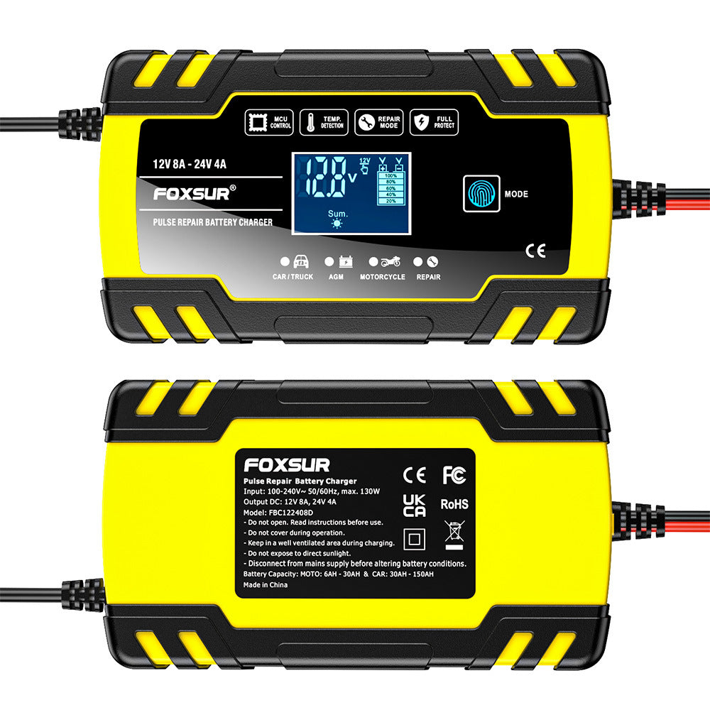 12V 8A / 24V 4A bilbatterioplader, pulserende reparationsoplader til alle 12V og 24V blysyre-, AGM-, GEL- og dybcyklusbatterier