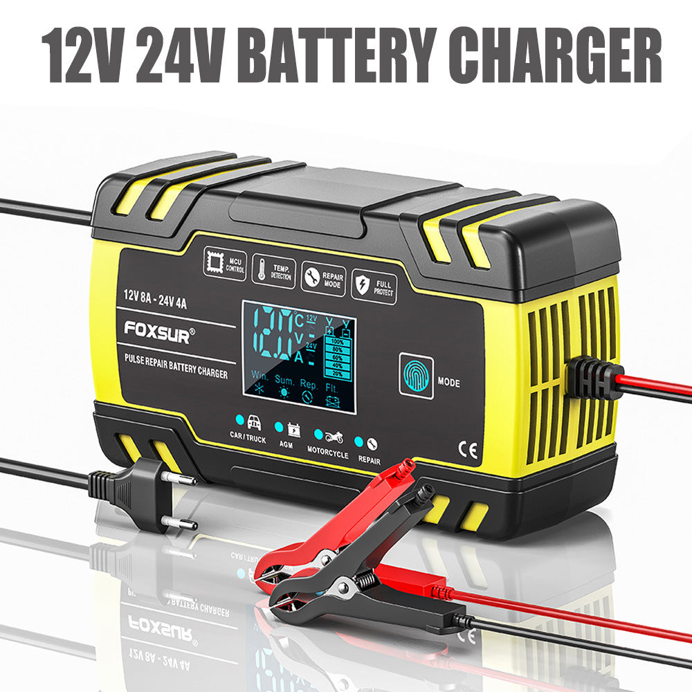 12V 8A / 24V 4A bilbatterioplader, pulserende reparationsoplader til alle 12V og 24V blysyre-, AGM-, GEL- og dybcyklusbatterier