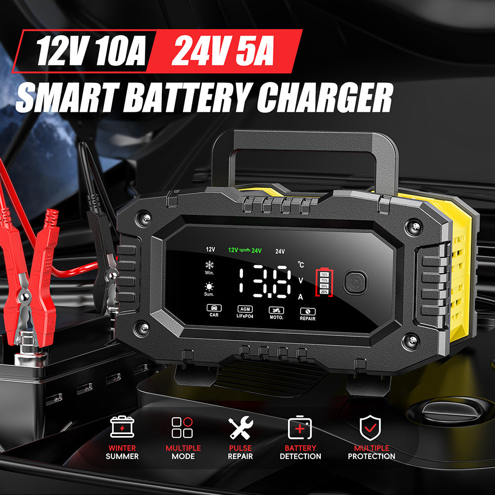 NOEIFEVO 10A Cargador de batería de automóvil, cargador de batería LiFePO4 12V 24V, cargador de batería inteligente para automóvil, cargador de batería con compensación de temperatura para automóviles, camiones, motocicletas, cortacésped