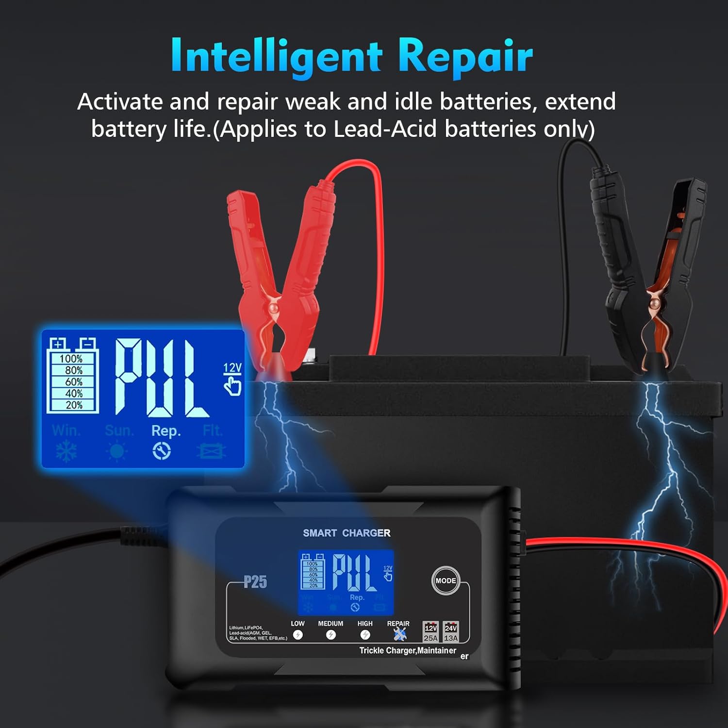 NOEIFEVO 25A Bilbatterioplader, 12V 25A/24V 13A Vedligeholdelsesoplader til Bil, Motorcykel, Plæneklipper, Båd, Lithium, LiFePO4 og Blysyre (AGM, GEL, MF, EFB, SLA, VRLA)