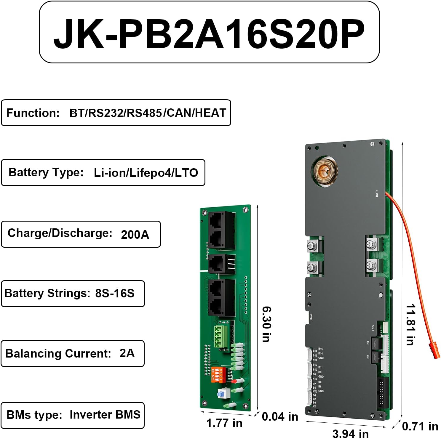 BMS 8S–16S 24V–48V 200A pre domácu energetickú skladovaciu sústavu s aktívnym vyvažovaním 2A, vstavaným Bluetooth a komunikáciou RS485/CAN pre solárne systémy