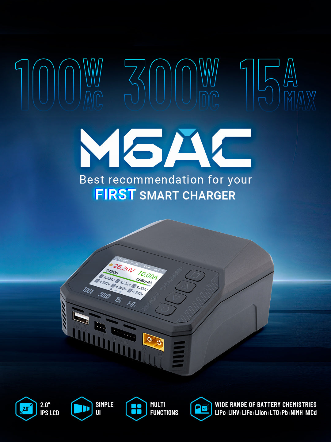 מַטְעֵן חָכָם דו-ערוצי M6AC, 100W AC/300W DC, מטען איזון 15A עבור סוללות LiPo, LiHV, LiFe, Lion, NiMh, Pb, עם מסך IPS-LCD בגודל 2.0 אינץ'