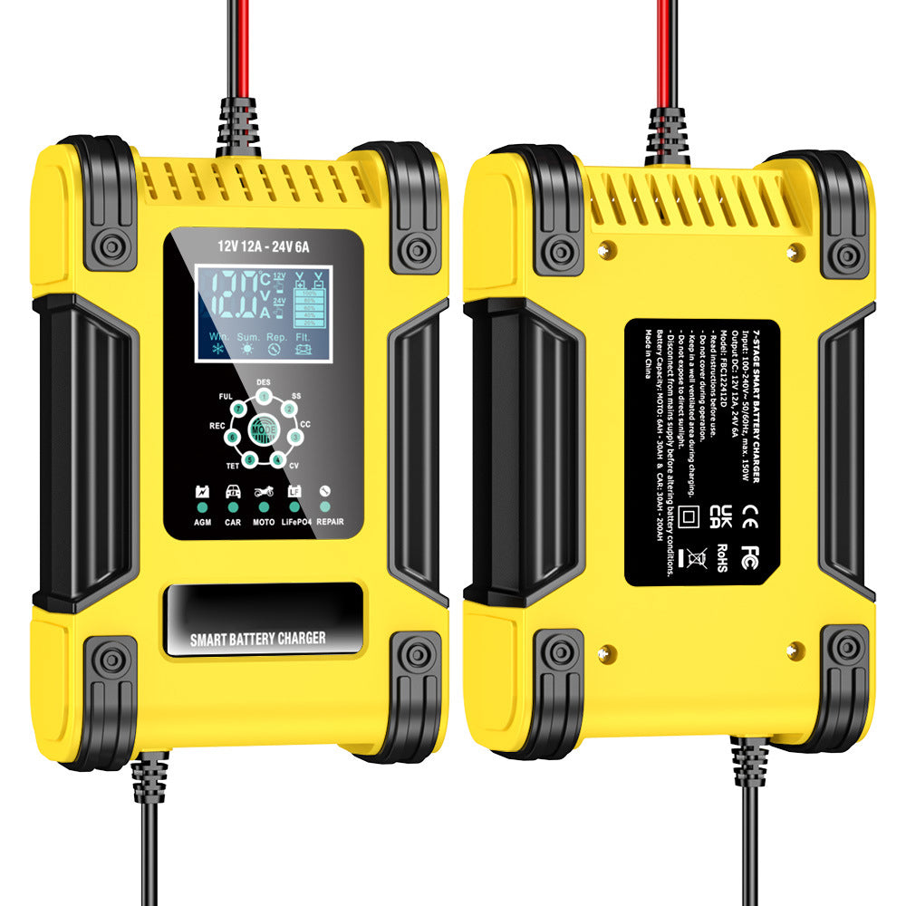Bilbatterioplader, 12V 12A / 24V 6A bly-syre AGM LiFePO4 batterioplader, køretøjsoplader, 7-trins intelligent batterioplader med LED-display til biler, lastbiler, motorcykler og plæneklippere