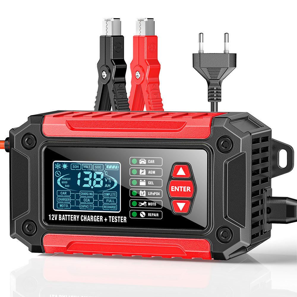 Caricabatterie e tester per auto 2 in 1, caricabatterie da 12V per batterie al piombo, AGM e LiFePO4, caricatore per veicoli, tester intelligente per batterie per auto, camion, motociclette e tosaerba.