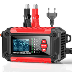 Caricabatterie e tester per auto 2 in 1, caricabatterie da 12V per batterie al piombo, AGM e LiFePO4, caricatore per veicoli, tester intelligente per batterie per auto, camion, motociclette e tosaerba.