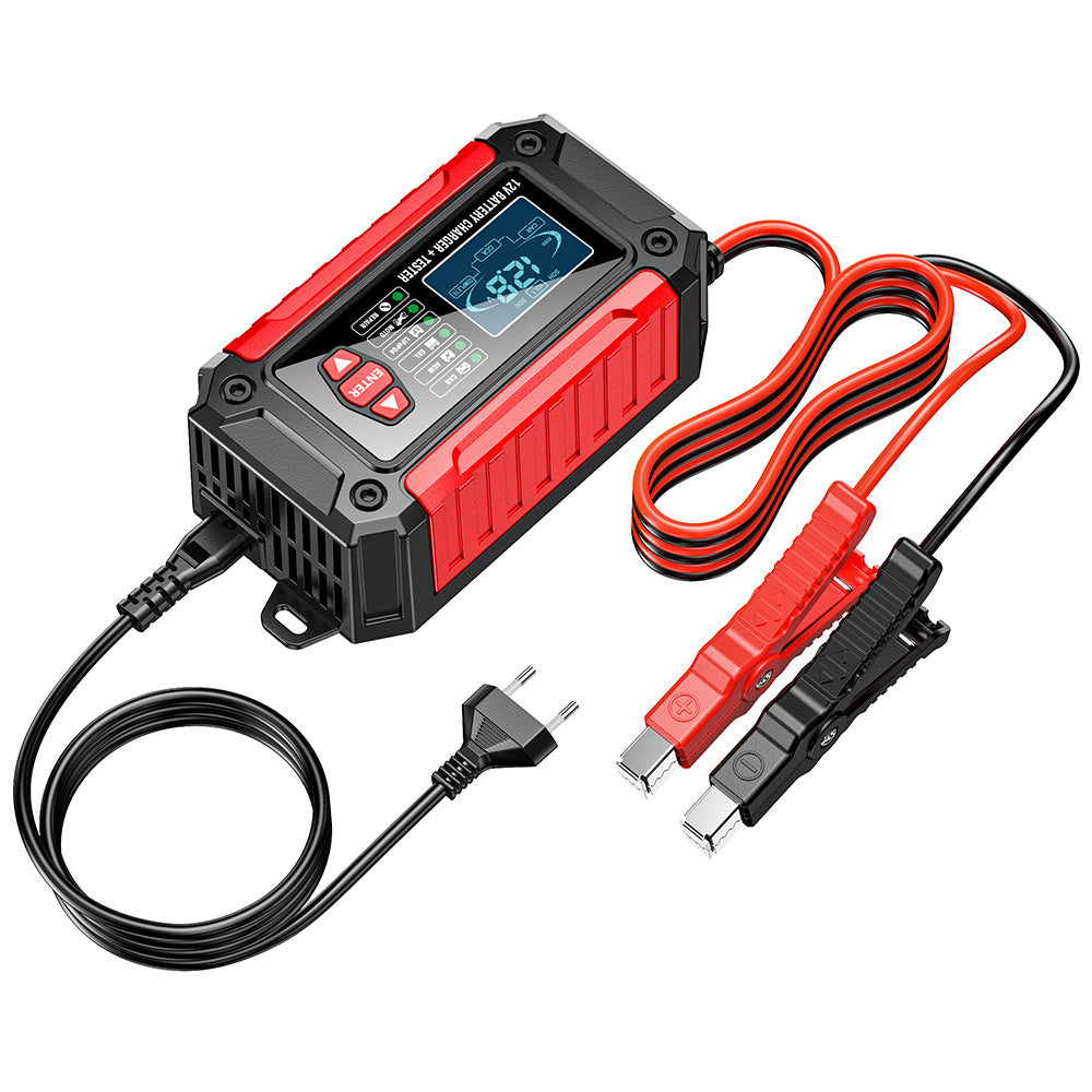 Caricabatterie e tester per auto 2 in 1, caricabatterie da 12V per batterie al piombo, AGM e LiFePO4, caricatore per veicoli, tester intelligente per batterie per auto, camion, motociclette e tosaerba.