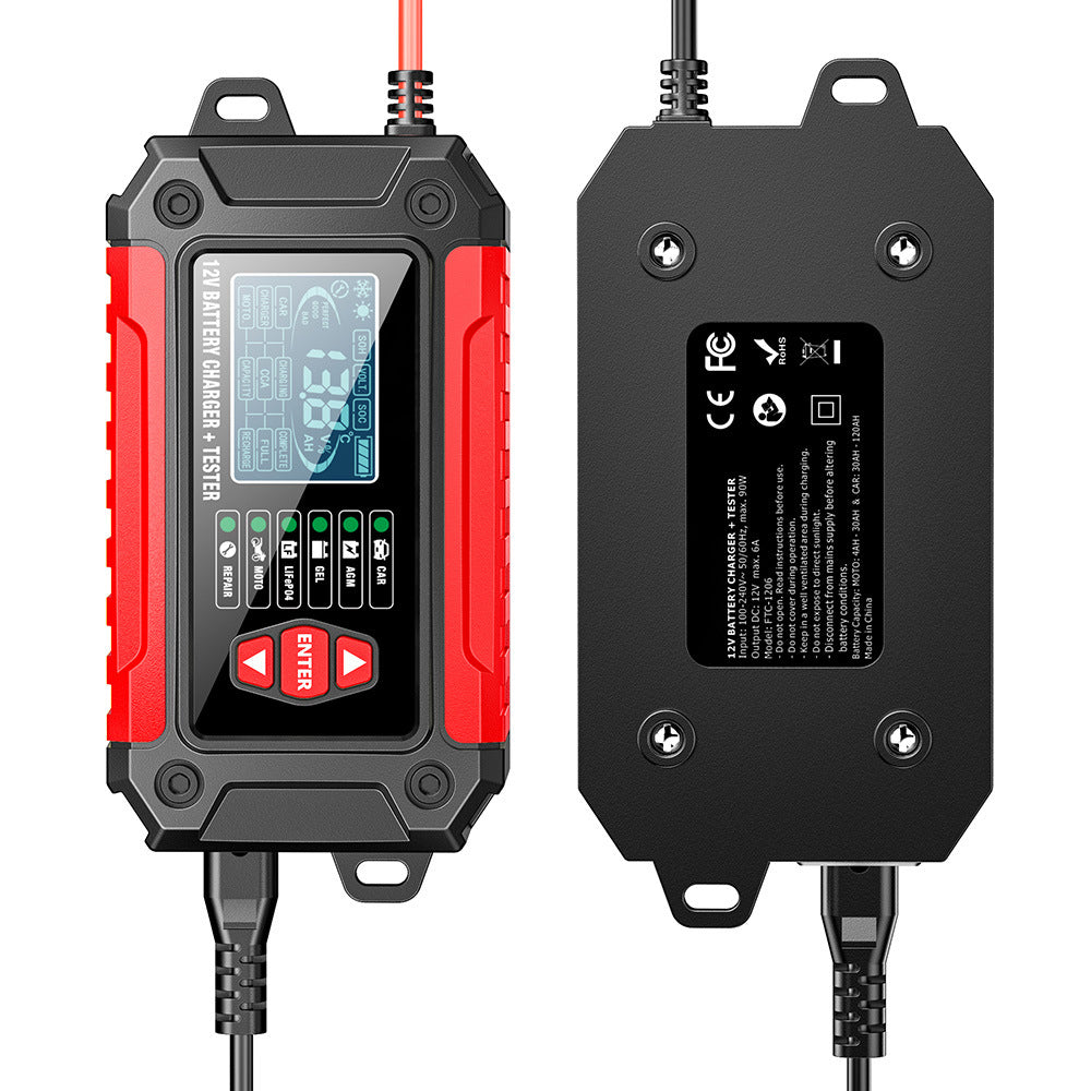 Caricabatterie e tester per auto 2 in 1, caricabatterie da 12V per batterie al piombo, AGM e LiFePO4, caricatore per veicoli, tester intelligente per batterie per auto, camion, motociclette e tosaerba.