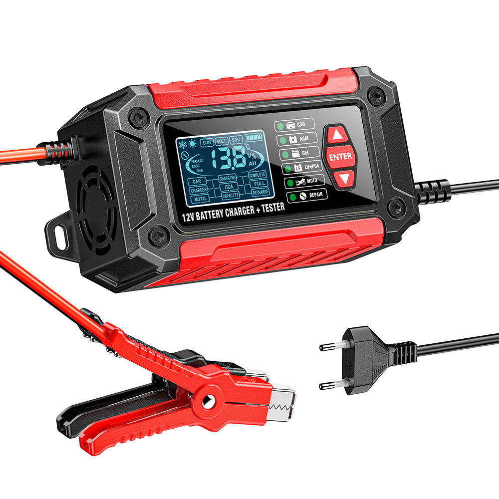 Caricabatterie e tester per auto 2 in 1, caricabatterie da 12V per batterie al piombo, AGM e LiFePO4, caricatore per veicoli, tester intelligente per batterie per auto, camion, motociclette e tosaerba.