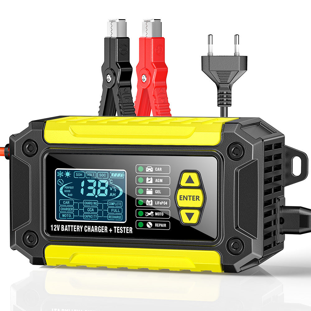 Caricabatterie e tester per auto 2 in 1, caricabatterie da 12V per batterie al piombo, AGM e LiFePO4, caricatore per veicoli, tester intelligente per batterie per auto, camion, motociclette e tosaerba.