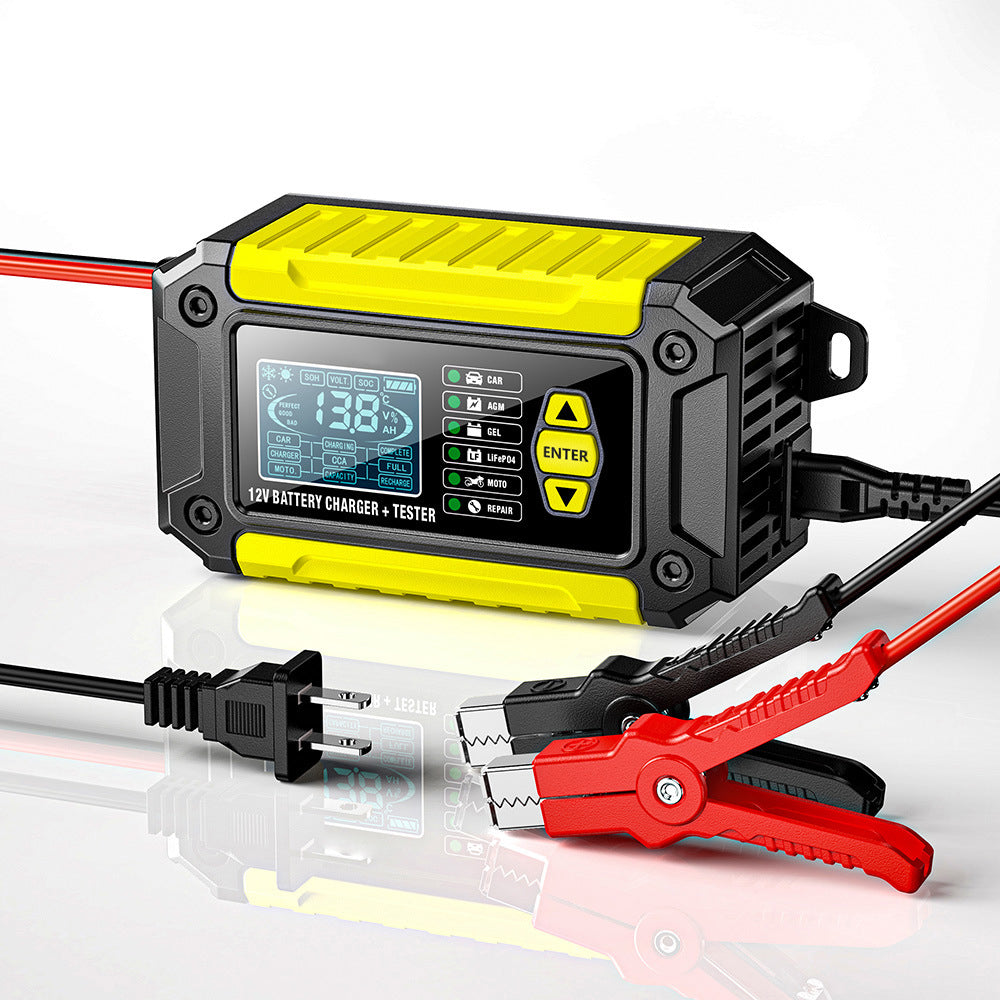 Caricabatterie e tester per auto 2 in 1, caricabatterie da 12V per batterie al piombo, AGM e LiFePO4, caricatore per veicoli, tester intelligente per batterie per auto, camion, motociclette e tosaerba.