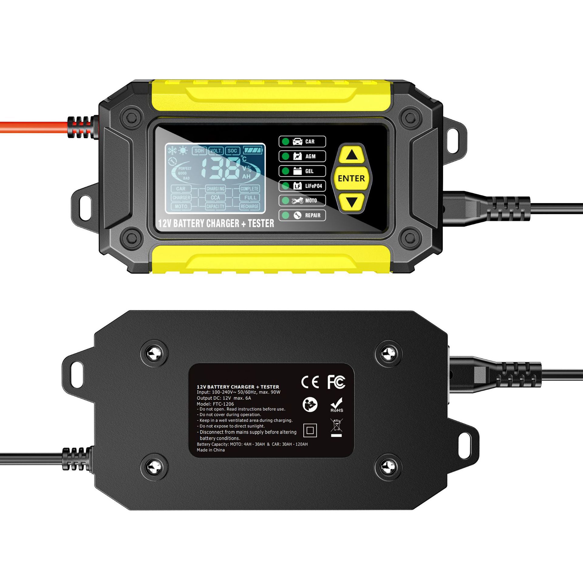 Caricabatterie e tester per auto 2 in 1, caricabatterie da 12V per batterie al piombo, AGM e LiFePO4, caricatore per veicoli, tester intelligente per batterie per auto, camion, motociclette e tosaerba.