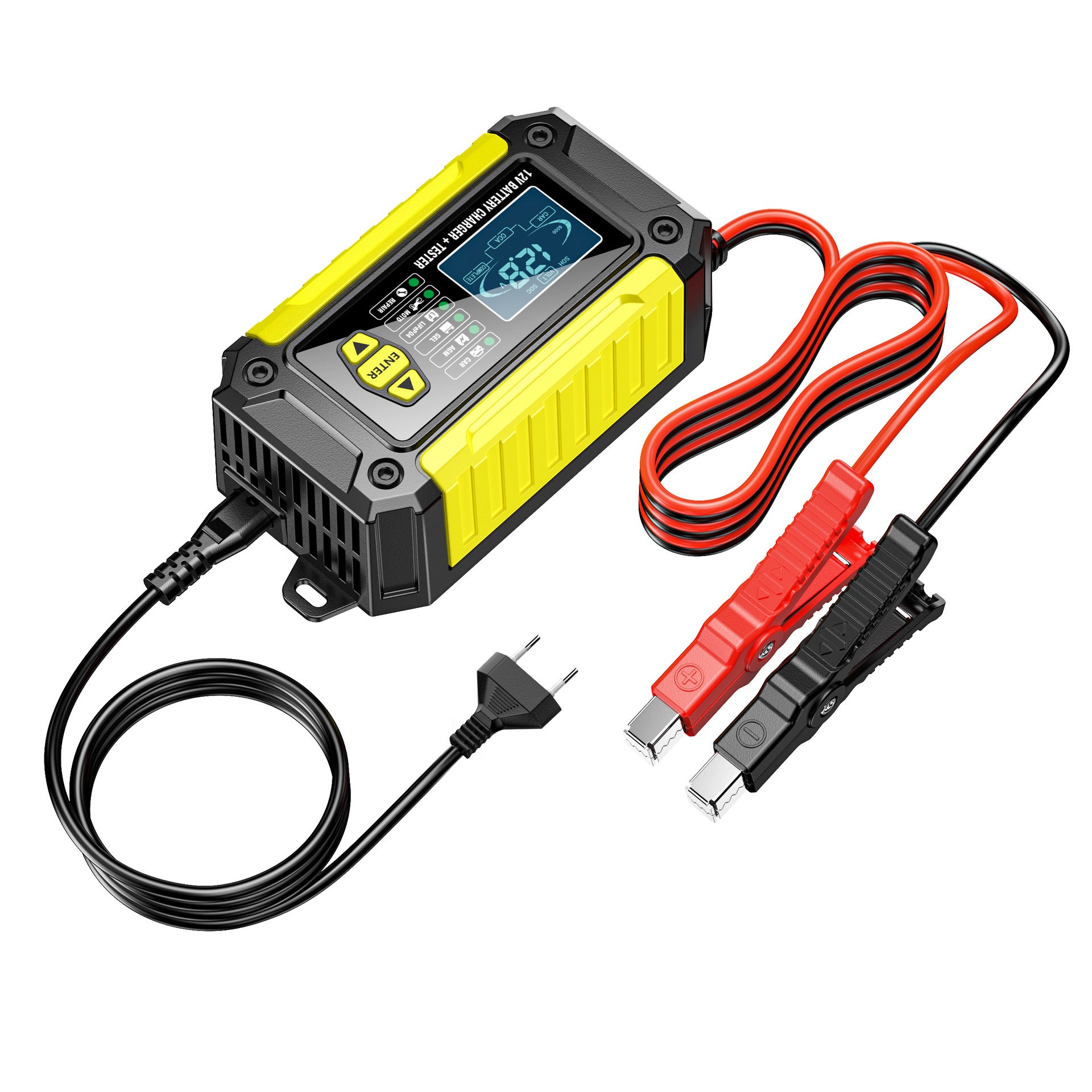 Caricabatterie e tester per auto 2 in 1, caricabatterie da 12V per batterie al piombo, AGM e LiFePO4, caricatore per veicoli, tester intelligente per batterie per auto, camion, motociclette e tosaerba.