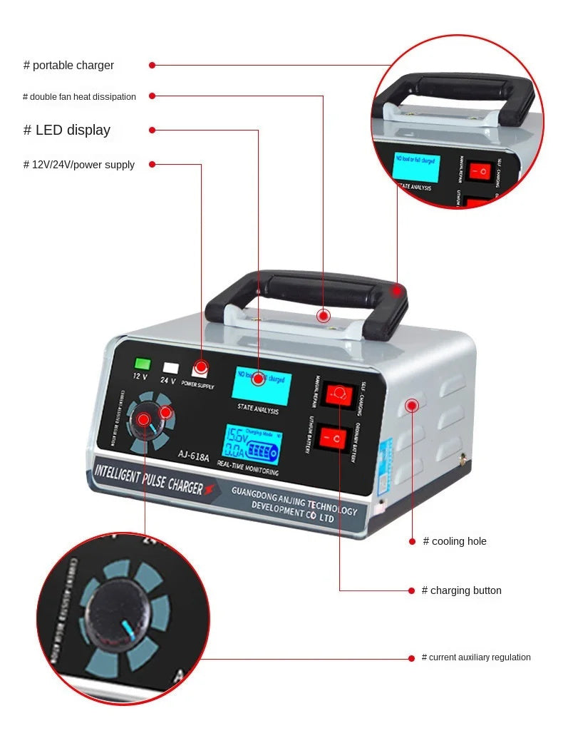 Cargador de batería inteligente 12V 30A / 24V 15A, cargador de batería automotriz con mantenimiento y reparación por pulsos inteligentes para coche, camión, barco y motocicleta