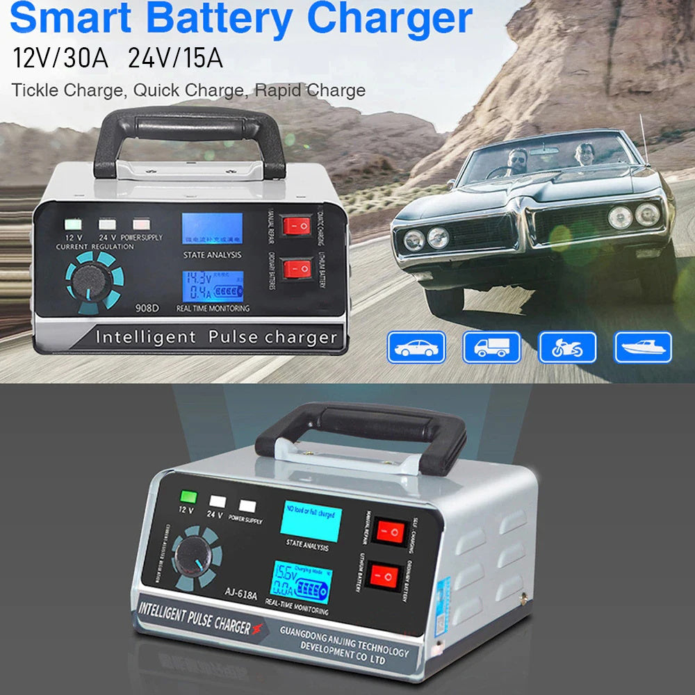 Cargador de batería inteligente 12V 30A / 24V 15A, cargador de batería automotriz con mantenimiento y reparación por pulsos inteligentes para coche, camión, barco y motocicleta