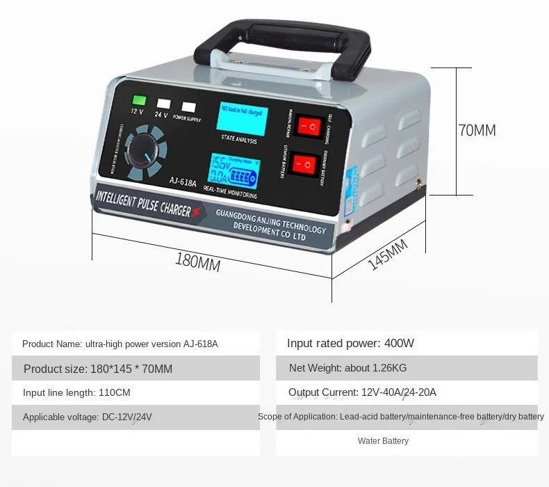 Cargador de batería inteligente 12V 30A / 24V 15A, cargador de batería automotriz con mantenimiento y reparación por pulsos inteligentes para coche, camión, barco y motocicleta