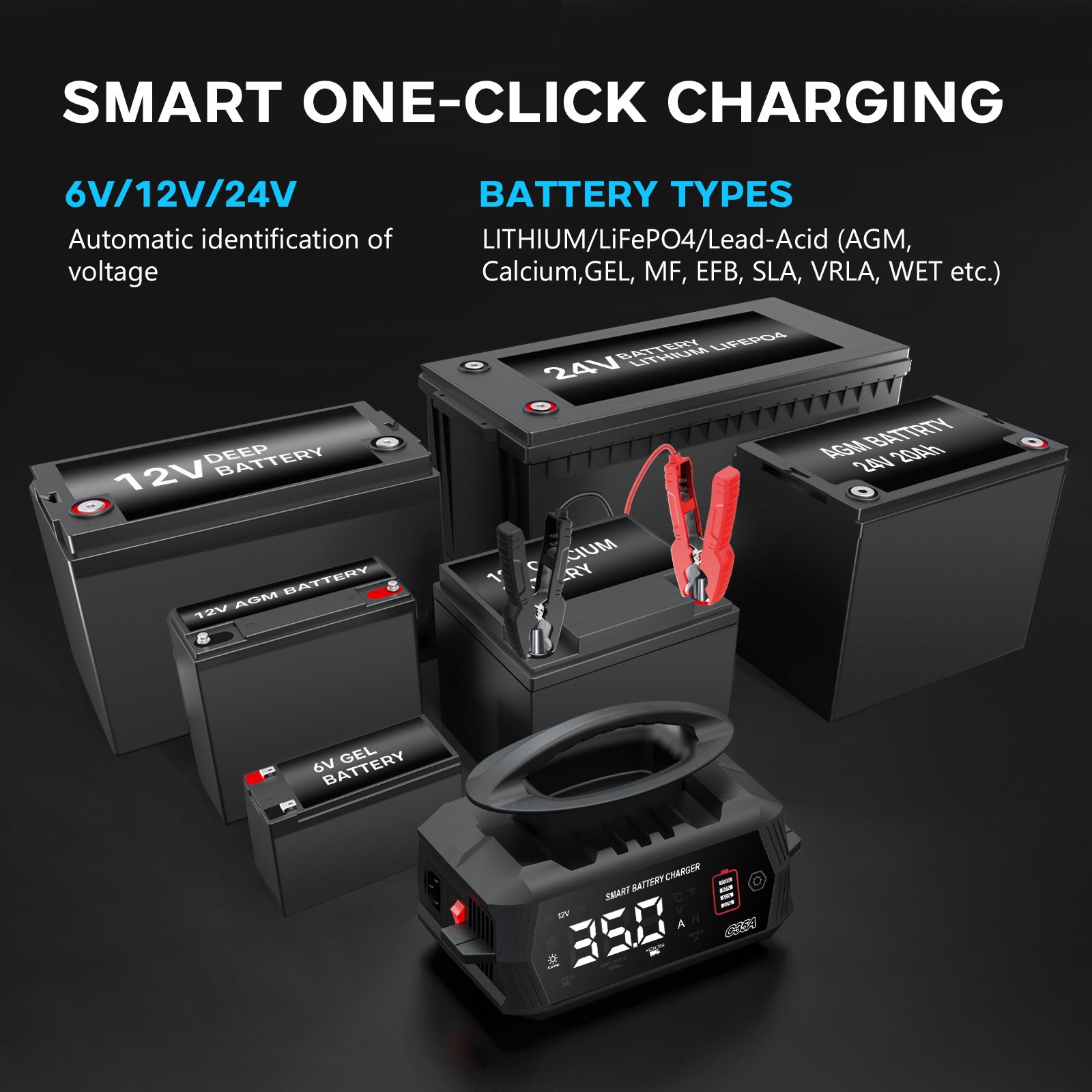 NOEIFEVO 6V 10A / 12V 35A / 24V 18A Universele acculader voor auto's voor lithium-, LiFePO4-, loodzuur-, AGM- en natte accu's, 9-traps slimme onderhoudslader met 3 stroominstellingen