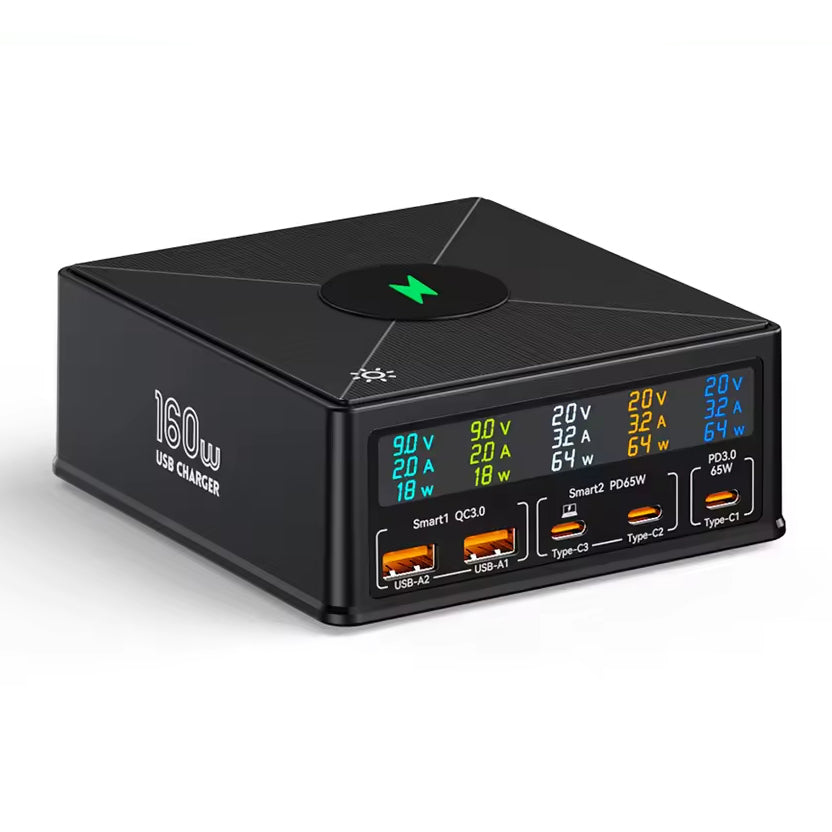 NOEIFEVO 160W 5-ports USB-lader 15 W trådløs ladestasjon PD 65W QC3.0 Type-C hurtiglader Kompatibel med iPhone MacBook Samsung bærbar PC alle smarttelefoner og elektroniske enheter