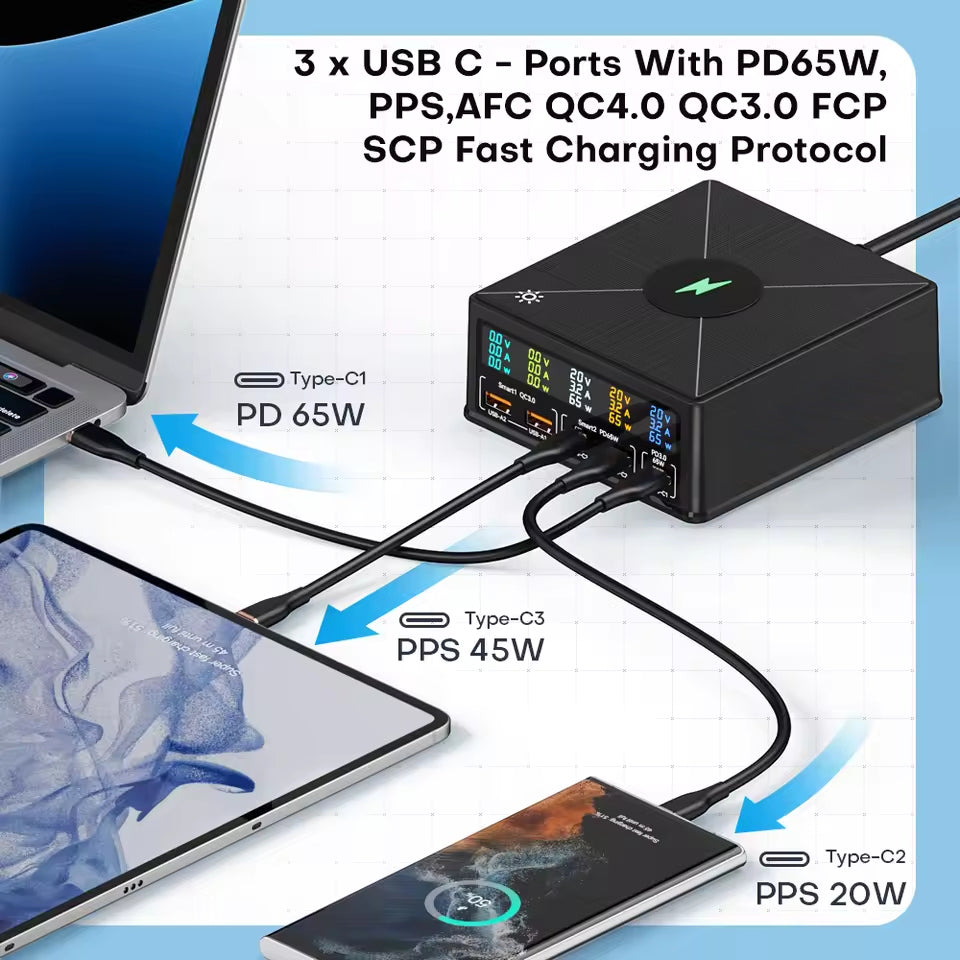 NOEIFEVO 160W 5-ports USB-lader 15 W trådløs ladestasjon PD 65W QC3.0 Type-C hurtiglader Kompatibel med iPhone MacBook Samsung bærbar PC alle smarttelefoner og elektroniske enheter