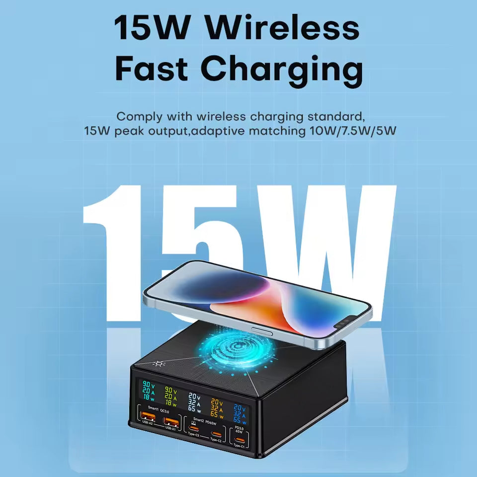 NOEIFEVO 160W 5-ports USB-lader 15 W trådløs ladestasjon PD 65W QC3.0 Type-C hurtiglader Kompatibel med iPhone MacBook Samsung bærbar PC alle smarttelefoner og elektroniske enheter