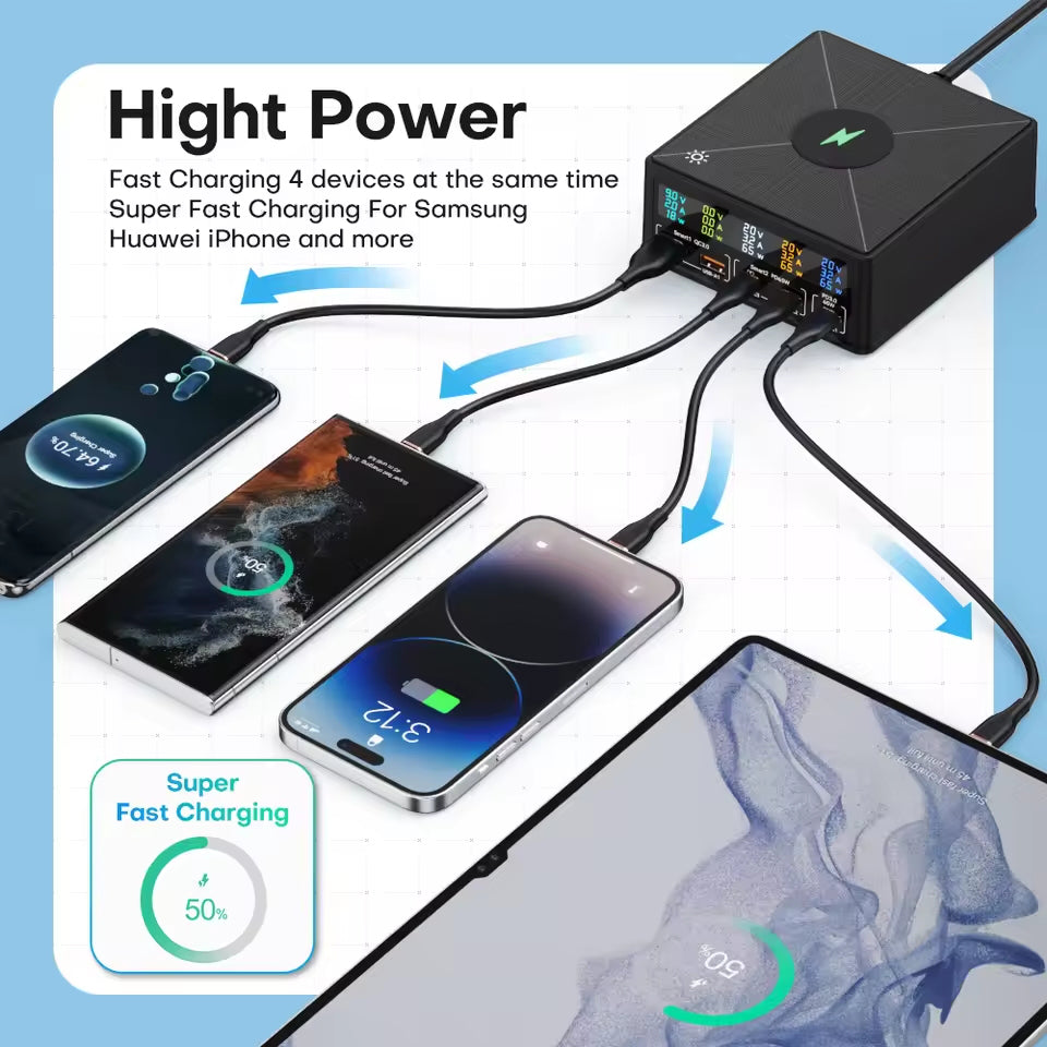 NOEIFEVO 160W 5-ports USB-lader 15 W trådløs ladestasjon PD 65W QC3.0 Type-C hurtiglader Kompatibel med iPhone MacBook Samsung bærbar PC alle smarttelefoner og elektroniske enheter