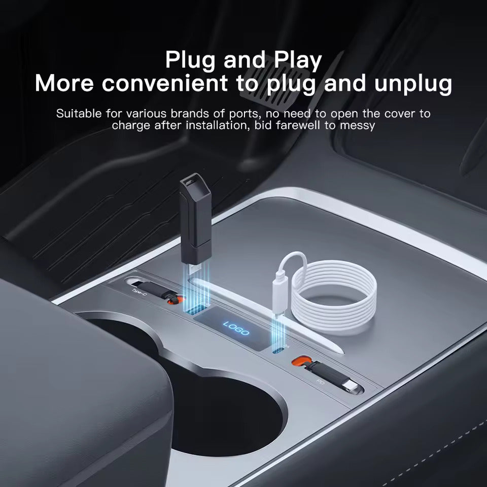 Rychlonabíječka pro středovou konzoli – USB-C nabíjecí dok a USB splitter hub, kompatibilní s Tesla M3/Y (Highland 2024–2025 & Standard 2021–2024), inteligentní adaptér s prodlužovacím kabelem pro napájení