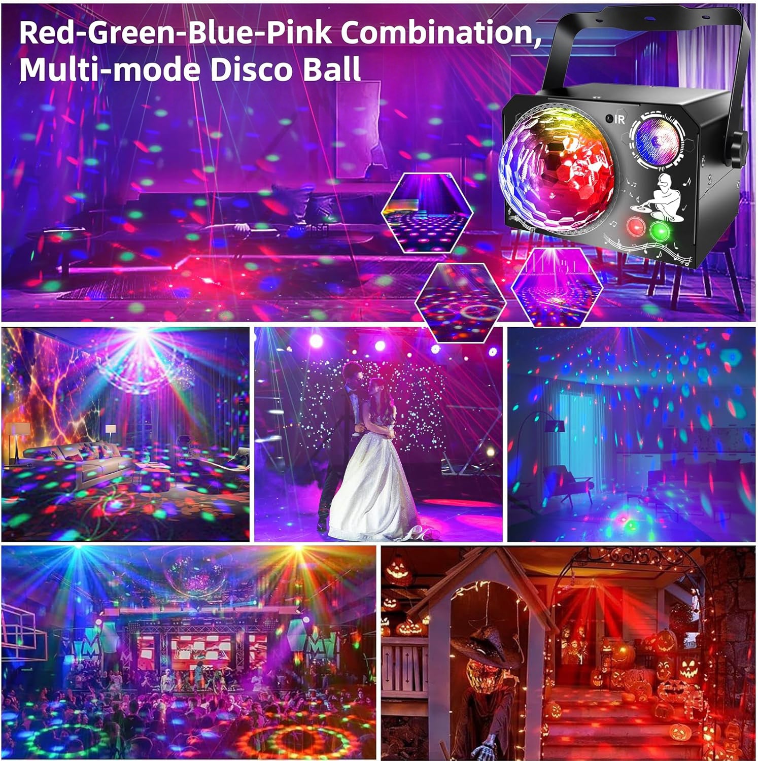 4-in-1 Discokugel, DJ-Disco- und Partylicht (65 Muster), musikgesteuertes Disco-Partylicht, RGB/UV/Stroboskop, sprachgesteuerte Partyleuchte für Partys, Festivals, Clubs, Halloween und Weihnachten