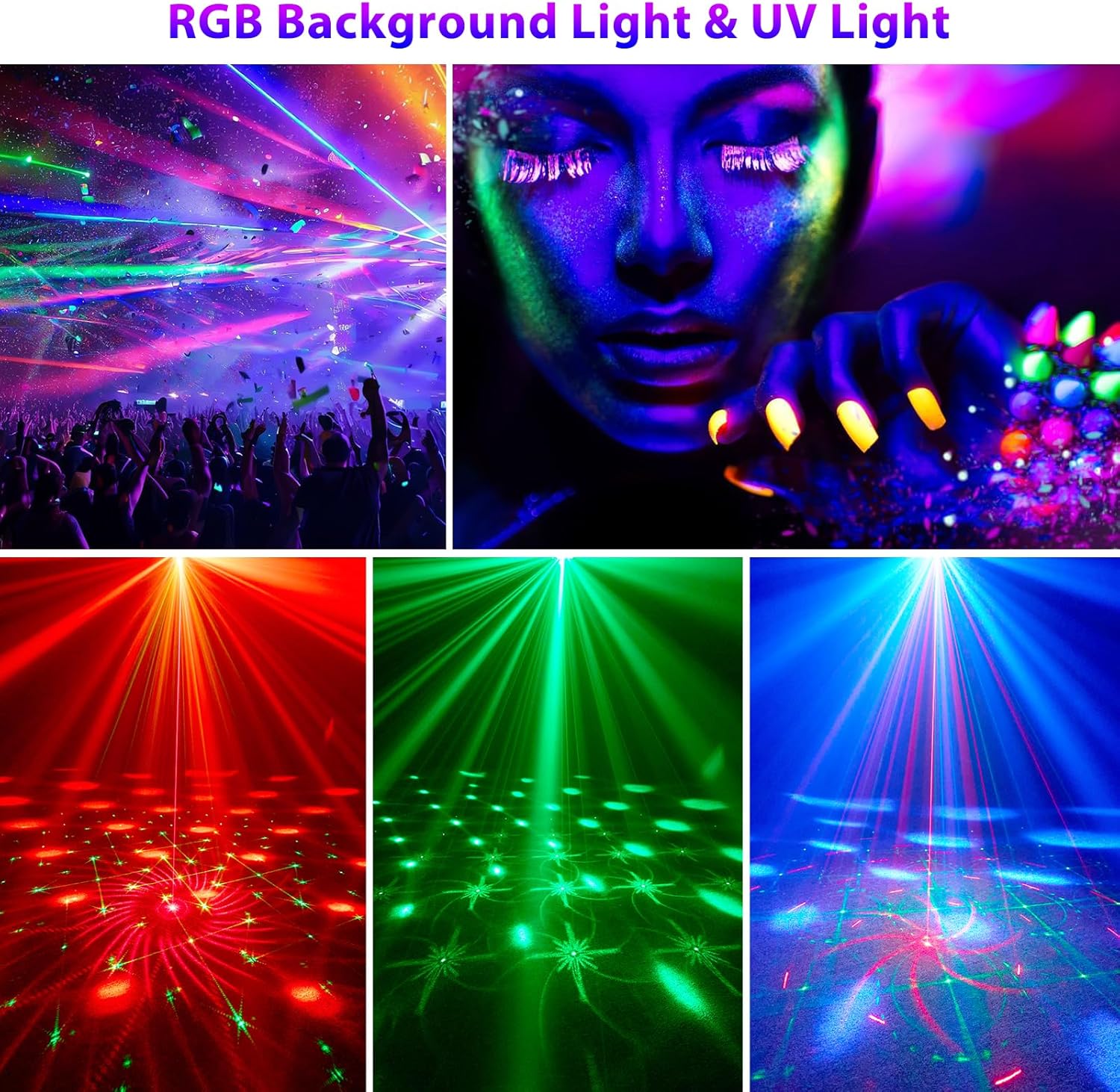 4-i-1-diskokugle – festlys med 64 mønstre, musikstyret discolampe med fjernbetjening, RGB-UV-stroboskop til hjemmet, bar, klub, udendørs og fødselsdage