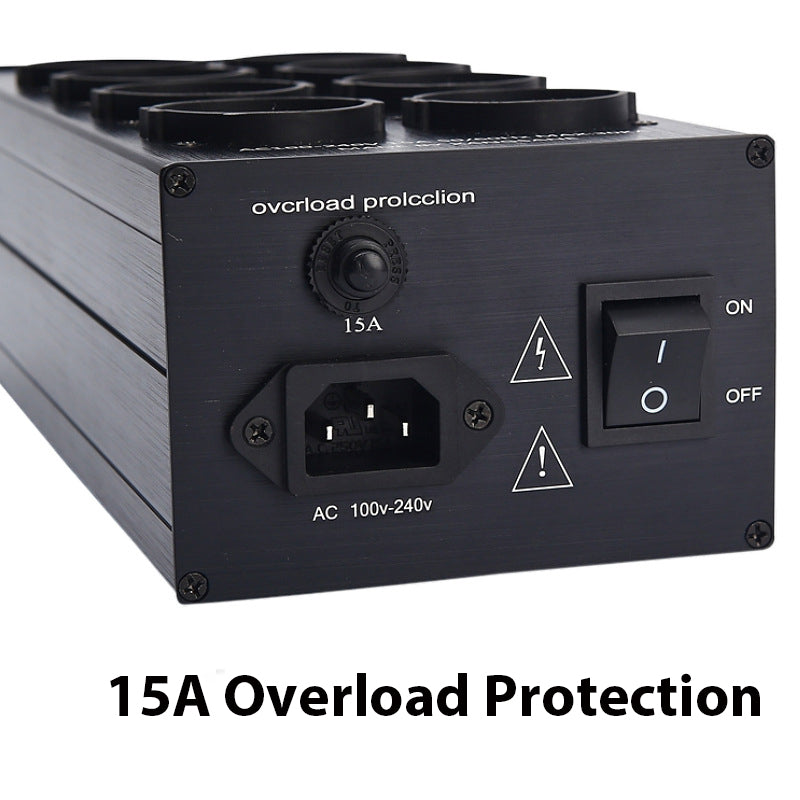 Presa con filtro di corrente con soppressione del rumore, protezione da sovraccarico, indicatore di tensione e amplificatore audio, presa europea