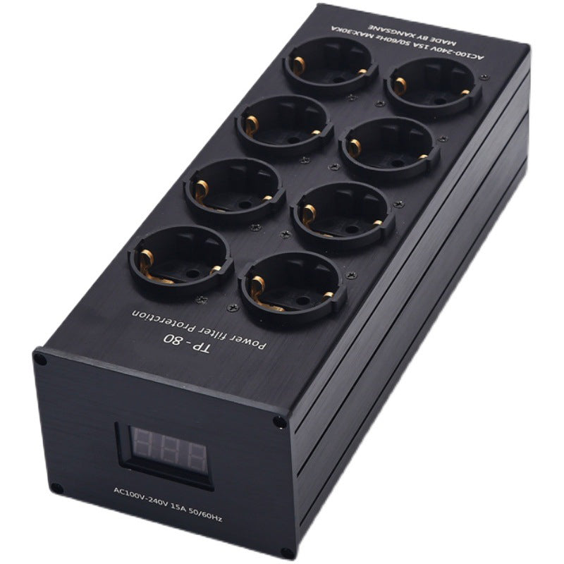 Presa con filtro di corrente con soppressione del rumore, protezione da sovraccarico, indicatore di tensione e amplificatore audio, presa europea