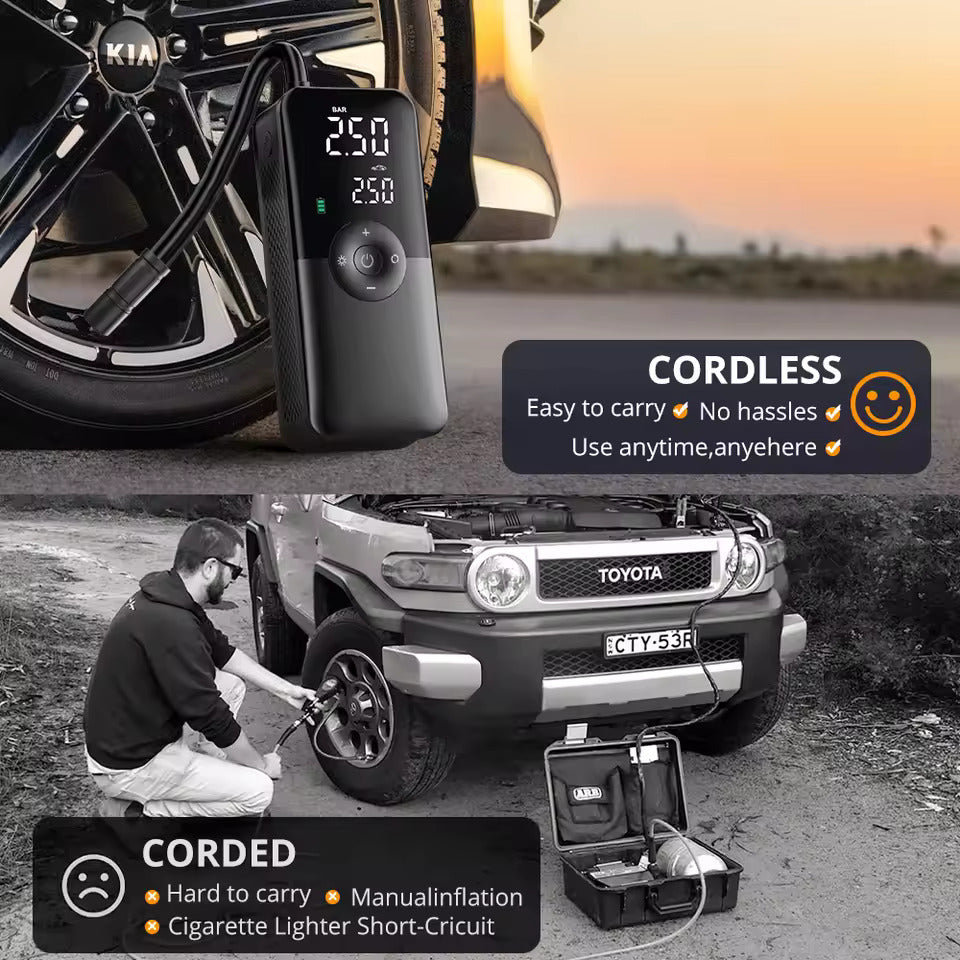 Bomba de aire eléctrica, bomba de aire con batería de 150 PSI, presión de neumáticos preestablecida para coche/motocicleta/bicicleta/pelota, inflado con un solo botón y parada automática, bomba de bicicleta con luz LED y power bank