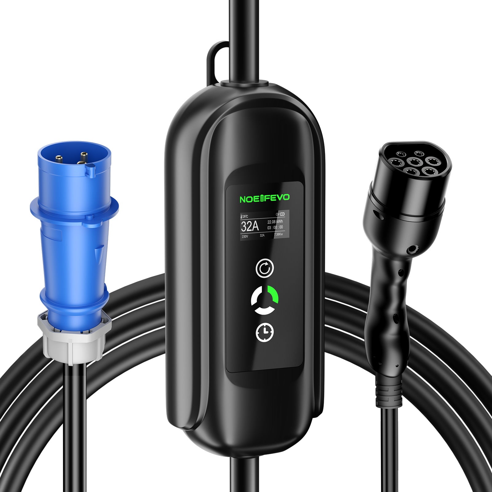 NOEIFEVO 7.2KW EV Charging Cable, Type 2 32A 1 Phase EV Charger, Mobile EVSE Charging Station with CEE Blue Plug