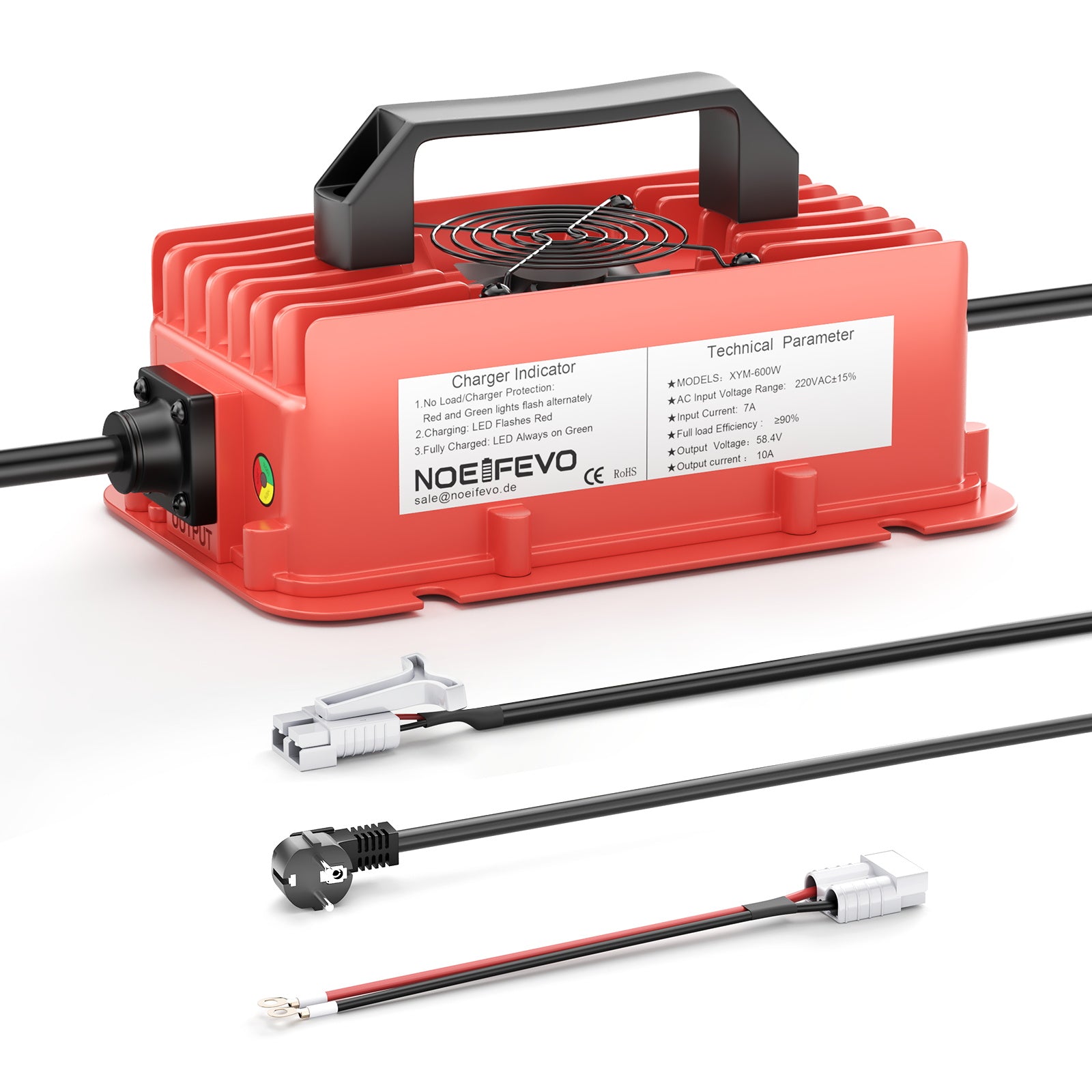 NOEIFEVO 58.4V 10A Litium LiFePO4 batteriladdare för 51.2V(48V) 16S batteri, vattentät, automatisk avstängning med fullt skydd
​