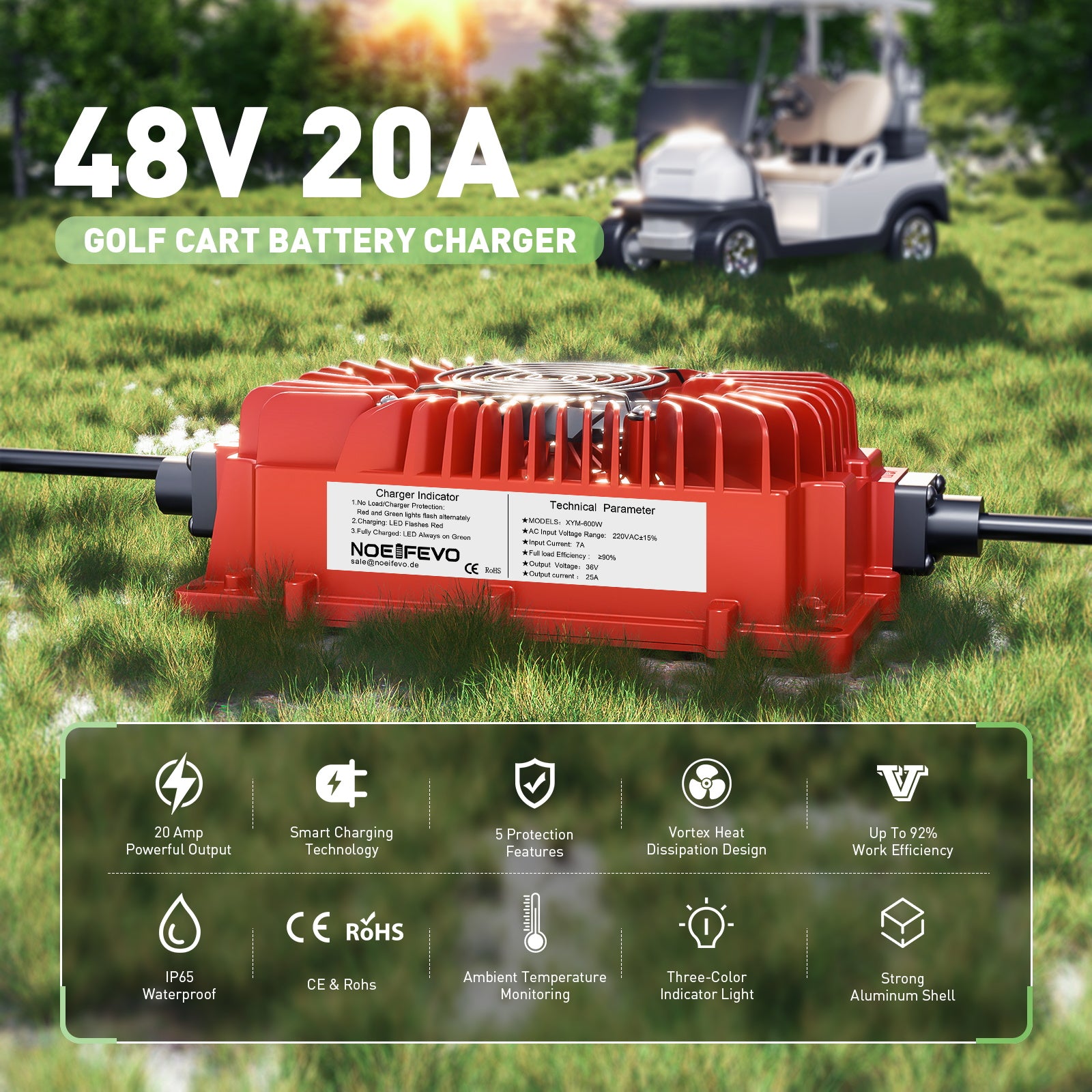 NOEIFEVO 48V 20A golfvogn batterioplader med EZGO RXV & TXT stik til blysyrebatterier, AGM, gel